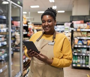 woman holding tablet in store